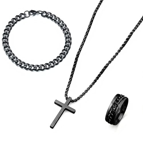3-Piece Cross Pendant Necklaces Bracelets Rings Jewelry Sets for Men Women,Cuban Chain Bangle,Adjustable Box Link,Religious Charm,Fashion Jewelry Accessories for Party Birthday Gifts - color: Black