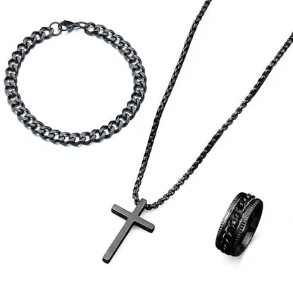 3-Piece Cross Pendant Necklaces Bracelets Rings Jewelry Sets for Men Women,Cuban Chain Bangle,Adjustable Box Link,Religious Charm,Fashion Jewelry Accessories for Party Birthday Gifts - color: Black