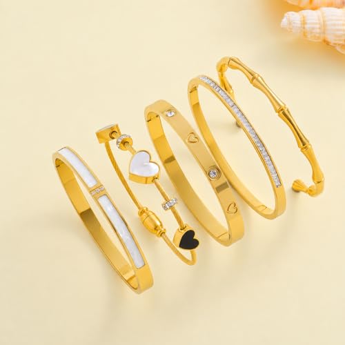 Gold Bangle Bracelets for Women, 5Pcs 18K Gold Plated Stainless Steel Stackable Bangle Bracelet Set, Waterproof Non-Tarnish Bangles with Cubic Zirconia, Gifts for Women