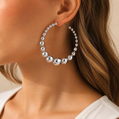Big Chunky Gold Hoop Earrings for Women Beaded Large Statement Earrings Lightweight Fashion Jewelry Daily Wear Party Gift - color: B:Silver Hoop Earrings
