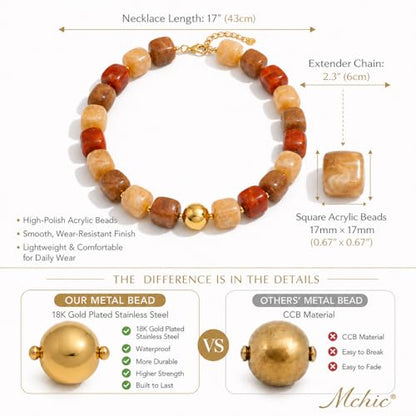 Mchic Colorful Beaded Choker Necklace for Women: Boho Large Square Acrylic Beaded Necklace Stainless Steel Adjustable Surfer Beach Strand Necklaces Summer Handmade Jewelry Gift for Women - color: Mix Khaki