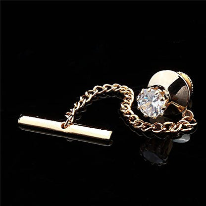 HAWSON Mens Tie Tack with Chain Round Crystal Wedding Business Accessories - color: Gold + Crystal