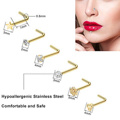 35-70 PCS 18G 20G Nose Rings for Women & Men - Gold Hoops, L Shape, Studs & Screw - 316L Surgical Stainless Steel - color: Color B-40pcs