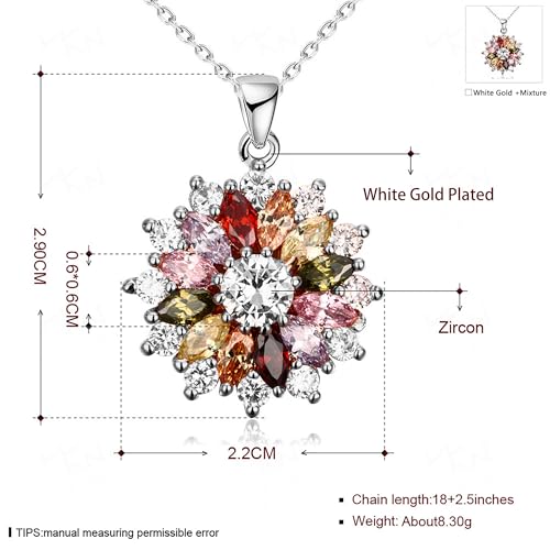 Colorful Snowflake Pendant Necklace, White Gold Plated Multi Gemstone Necklaces Marquise Cubic Zirconia Necklace for Women, 18+2 inch - color: white gold