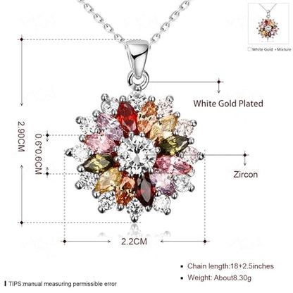 Colorful Snowflake Pendant Necklace, White Gold Plated Multi Gemstone Necklaces Marquise Cubic Zirconia Necklace for Women, 18+2 inch - color: white gold