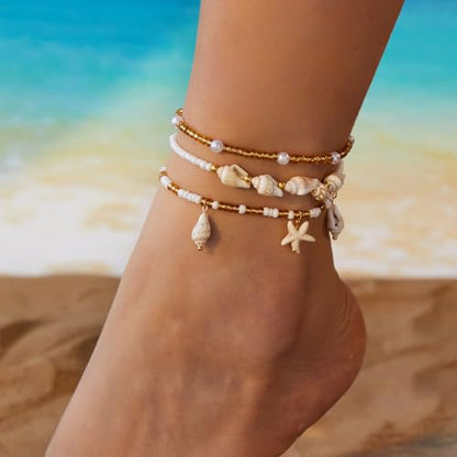 Boho Shell Ankle Bracelet Set for Women Gold Plated Adjustable Anklet Beach Inspired Foot Jewelry with Starfish & Pearl Charms - color: E