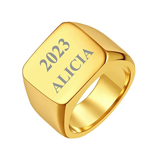 FindChic Customized Signet Photo Rings Square/Heart/Round Chunky Band Ring Stainless Steel/18K Gold Plated/Black Size 7 to 14 Personalized Jewelry for Men Women, Send Gift Box - color: 01. personalized engraved square (gold)