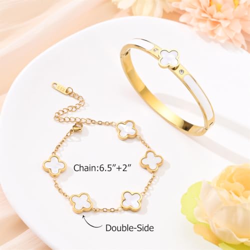 Gold Clover Bangle Bracelets for Women Men 2pcs Bracelet Stack | 18K Gold Plated Stainless Steel Non Tarnish,Chunky Black and White Jewelry,Four Leaf Clover Bracelet Bangles gifts for women - color: Gold-White Set