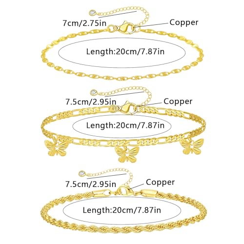 Gold Ankle Bracelets for Women 14k Gold Plated Cuban Link Chain Anklet Set | Stackable, Waterproof, Layered Anklet Bracelets, Non Tarnish, Summer Beach Jewelry - color: Gold D-3Pcs