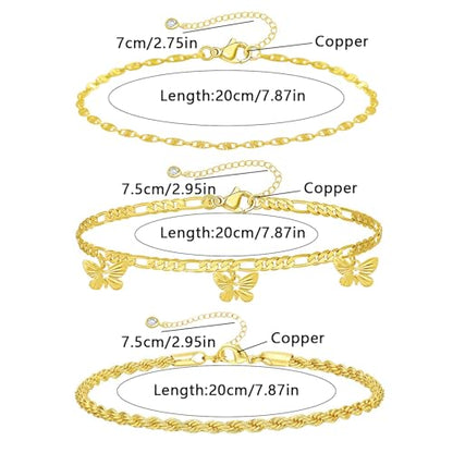 Gold Ankle Bracelets for Women 14k Gold Plated Cuban Link Chain Anklet Set | Stackable, Waterproof, Layered Anklet Bracelets, Non Tarnish, Summer Beach Jewelry - color: Gold D-3Pcs