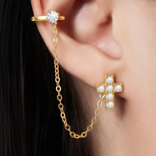 Cicy Bell Ear Cuff Earrings for Women Cubic Zirconia Stud Chain Earrings | 18k Gold Plated Clip On Climber earrings Non Piercing Waterproof Jewelry Gifts Birthday Party - color: Gold-StyleA