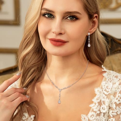 EVER FAITH Gorgeous Cubic Zirconia Jewelry Set Elegant Rhombic Birthstone Teardrop Wedding Prom Choker Necklace Dangle Earrings Sets for Women