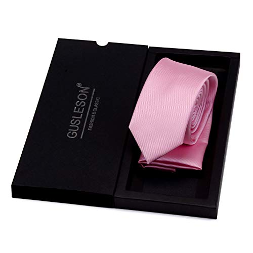 GUSLESON 2.4" Slim Necktie and Handkerchief Set For Men Solid Skinny Tie Set - color: Light Pink