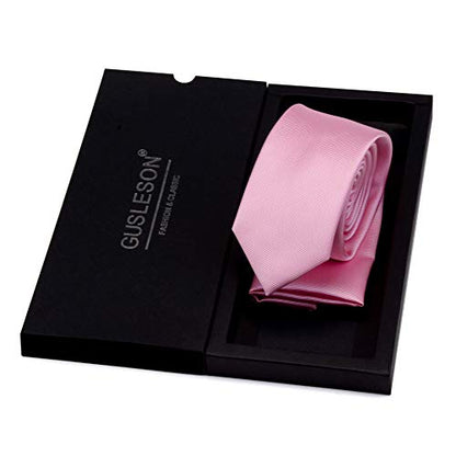 GUSLESON 2.4" Slim Necktie and Handkerchief Set For Men Solid Skinny Tie Set - color: Light Pink