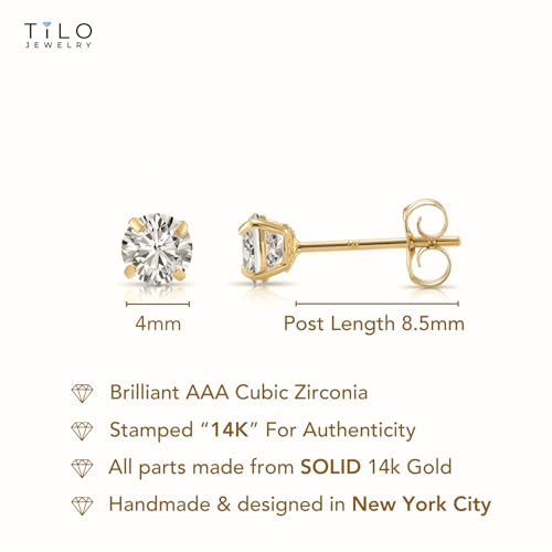14k Yellow Gold Solitaire Round Cubic Zirconia Stud Earrings - Pushbacks - style: 4mm