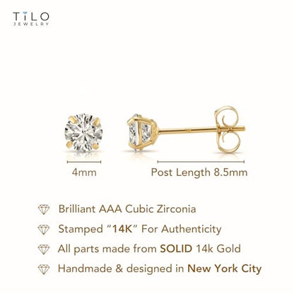 14k Yellow Gold Solitaire Round Cubic Zirconia Stud Earrings - Pushbacks - style: 4mm