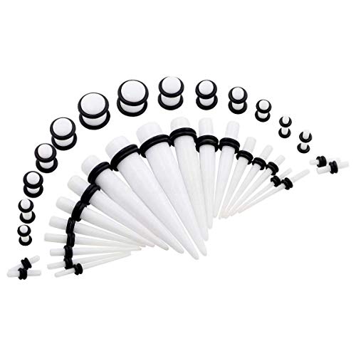 50-Piece Ear Gauges Stretching Kit, 14G-00G | Acrylic tapers and plugs with soft silicone tunnels, body piercing jewelry for women and men - color: White