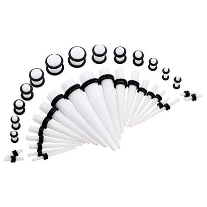 50-Piece Ear Gauges Stretching Kit, 14G-00G | Acrylic tapers and plugs with soft silicone tunnels, body piercing jewelry for women and men - color: White