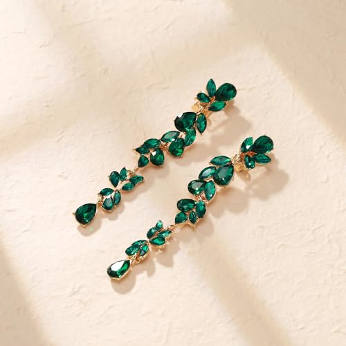 Crysdue Clip On Earrings for Women Rhinestone Crystal Teardrop Cluster Wedding Bridal Non Pierced Long Dangle Earring for Prom Party - color: Green Gold-Tone