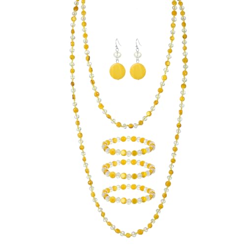 Trendy Infinity Wrap 60’’ Long Statement Necklace, Earrings and Bracelet Set - Hand Knotted Versatile Crystal and Shell Beads Strand Necklace and Chunky Beaded Stretch Bracelet Stack – Jewelry Set Gift for Women - color: yellow