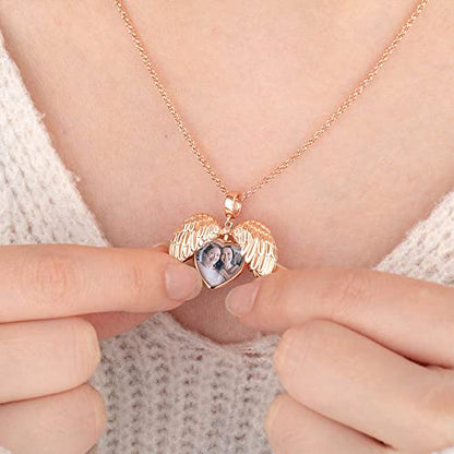 Personalized Photo Locket Necklace that Holds Pictures Sterling Silver Jewelry Gifts for Women Girls Custom Photo Lockets Pendant Necklace Picture Locket Memorial Jewelry Heart Wing Four Leaf Oval - color: Heart wing