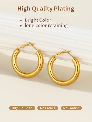 FindChic Hoop Earrings for Women, Silver/Black/14K Gold Plated Hypoallergenic Hollow Round Tube Loop Earrings, 20mm/30mm/40mm/60mm/80mm Chunky Hoops with Custom Name Options & Gift Box - color: c.Gold, size: 30MM