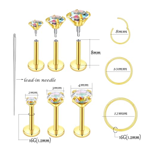 16G 18G Surgical Steel Internal Thread Stud Piercing Jewelry Set Nose Medusa Lip Labret Stud Hypoallergenic Clicker Hoop Septum Rings Cartilage Tragus Helix Conch Earrings for Women Men - color: 16G-8mm-gold