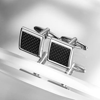 Mens Cufflinks and Tuxedo Studs Set in Gift Box (Carbon Fiber), Jewelry or Accessories in Gold Silver Black Tone, Matching with Shirts Vest and Bow tie, Suitable for Birthday Wedding Anniversary - color: Black / Silver Tone