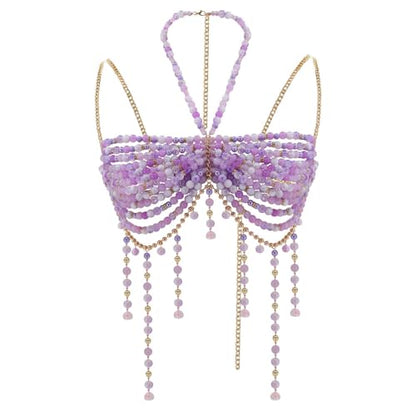 Purple Beaded Bra, Body Chain Jewelry, Festival/Burlesque Costume