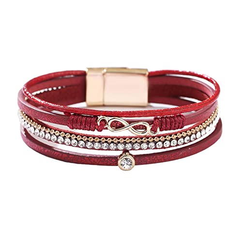 KunBead Infinity Leather Wrap Bracelets for Women Handmade Braided Boho Multi-Layer Bracelet Wristband Cuff Bangle Birthday Jewelry - color: red