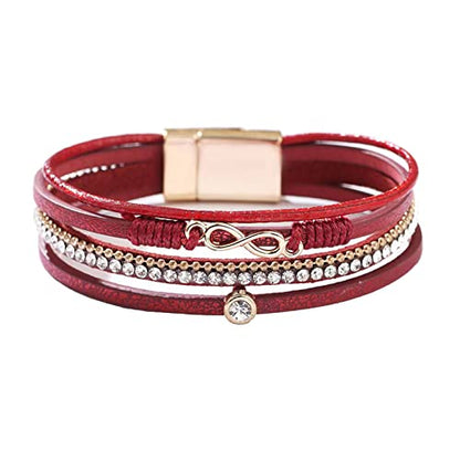 KunBead Infinity Leather Wrap Bracelets for Women Handmade Braided Boho Multi-Layer Bracelet Wristband Cuff Bangle Birthday Jewelry - color: red