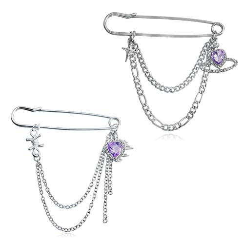 2 Pcs Chain Tassel Brooch Pins Set for Women Rhinestone Heart Flower Star Long Chain Bling Crystal Pearl Sweater Shawl Clips Punk Collar Chain Brooch Costume Jewelry - style: Style A