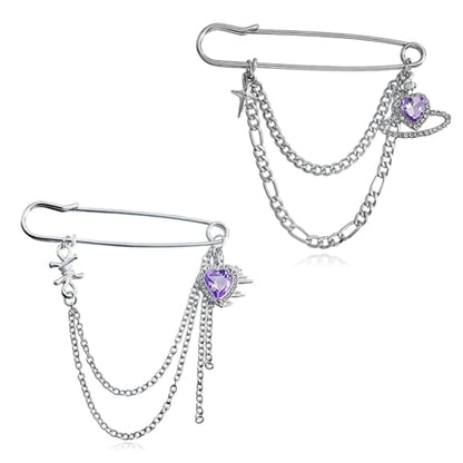 2 Pcs Chain Tassel Brooch Pins Set for Women Rhinestone Heart Flower Star Long Chain Bling Crystal Pearl Sweater Shawl Clips Punk Collar Chain Brooch Costume Jewelry - style: Style A