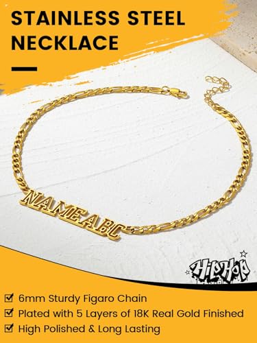 GoldChic JEWELRY Name Necklace Personalized for Men, Womens Custom Name Plate Chain, Stainless Steel Customized Old English Nameplate Choker with Curb Chains Custom, 16 inches to 30 inches - color: Figaro Chain 6 mm - Gold