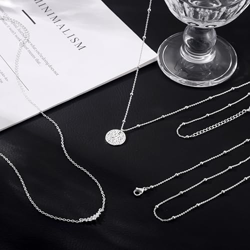 CHESKY Layered Silver Necklace for Women Trendy,Dainty Silver Plated Stackable Charm Necklace Layering Paperclip Tennis Rope Chain CZ Pendant Jewelry Set Gifts - style: bar