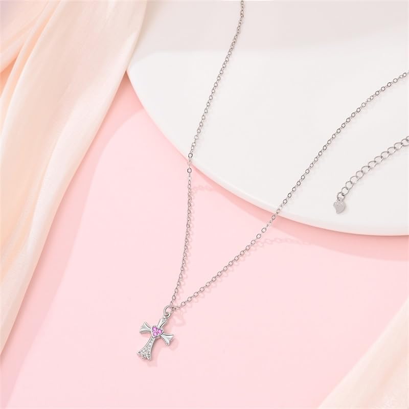 925 Sterling Silver Dainty Necklaces for Women Pendant Jewelry Gift for Her | Hypoallergenic Ocean Animal Love Cherry Blossom Jewelry, Ideal Valentine Birthday Christmas Graduation Gift for Wife Mom - color: Pink Heart Cross