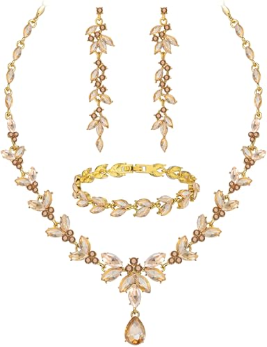 Paxuan Wedding Jewelry Sets for Bride Bridesmaid Bridal Jewelry Set for Women Wedding Crystal Necklace Earrings Bracelet Set for Party Prom Jewelry - color: Champagne - 14K Gold