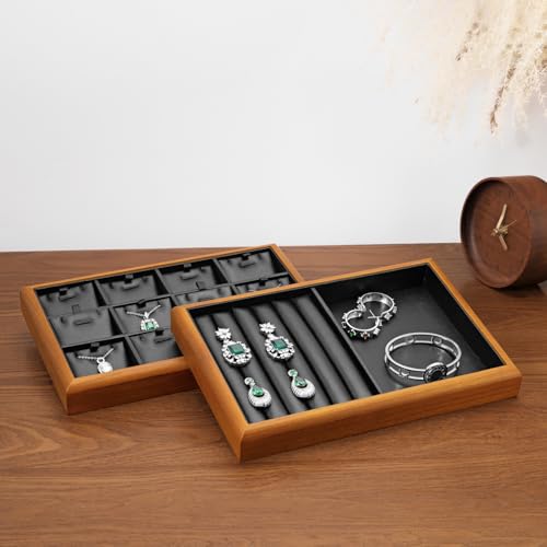 Solid Wood 2-in-1 Stackable Jewelry Display Tray | Solid wood frame & scratch-proof PU lining, 2-in-1 stackable tray for home vanity & retail jewelry display - color: Black, size: Ring/Flat Tray
