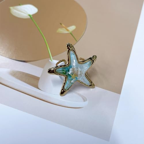 Vintage Starfish Shell Open Rings for Women Stainless Steel Gold Plated Boho Blue Ocean Sea Conch Animal Adjustabel Statement Finger Band Rings Comfirm Fit Summer Beach Holiday Fashion Jewelry