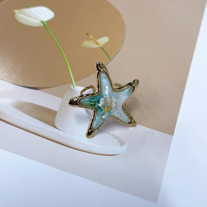 Vintage Starfish Shell Open Rings for Women Stainless Steel Gold Plated Boho Blue Ocean Sea Conch Animal Adjustabel Statement Finger Band Rings Comfirm Fit Summer Beach Holiday Fashion Jewelry