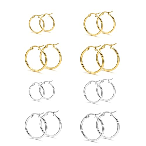 4 Pairs Gold Silver Small Hoop Earrings Huggie for Women Surgical Steel Set | 10/12/14/16 mm, Hypoallergenic, Lightweight Hoop Earrings Set, 14K Gold Silver 316L Stainless Steel, Multiple Piercings - color: Gold+Silver/8 Pairs