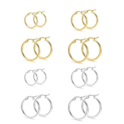4 Pairs Gold Silver Small Hoop Earrings Huggie for Women Surgical Steel Set | 10/12/14/16 mm, Hypoallergenic, Lightweight Hoop Earrings Set, 14K Gold Silver 316L Stainless Steel, Multiple Piercings - color: Gold+Silver/8 Pairs