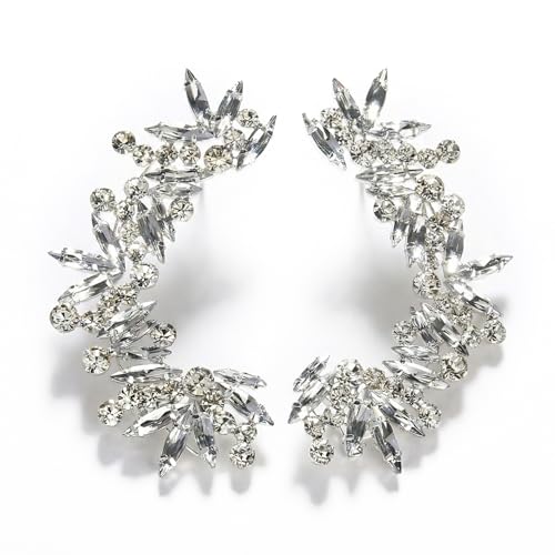 Silver Rhinestone Ear Cuffs for Women Non Piercing, Sparkly Crystal Ear Wrap Crawler Clip On Earrings, Fake Piercing Jewelry for Wedding Prom Party (Silver, 1 Pair)