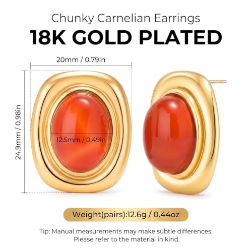 Chunky Gold Stud Earrings for Women 18K Gold Plated Hypoallergenic Chunky Statement Earrings Big Natural Crystal Stone Earring Gift for Women - color: Carnelian