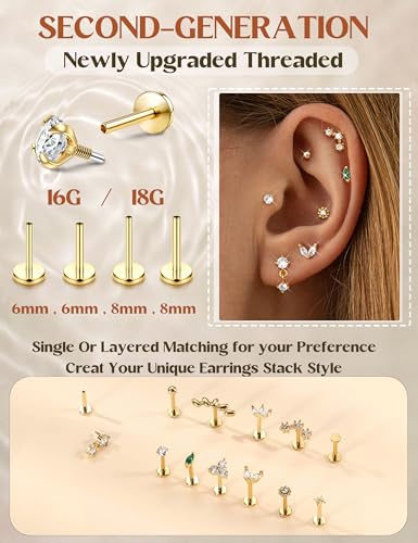 ORAZIO Flat Back Stud Earrings for Women Helix Tragus Nose Piercing Jewelry | Hypoallergenic Surgical Steel Internal Thread Flatback Stud for Medusa Lip Labret Cartilage Conch Piercing Jewelry Single PC