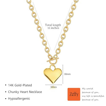 Zeffy 14K Gold/Silver Plated Chunky Thick Chain Toggle Clasp Necklace Dainty Baroque Pearl/Heart/Cross/Turquoise Pendant Necklace - color: Gold Big Heart Necklace