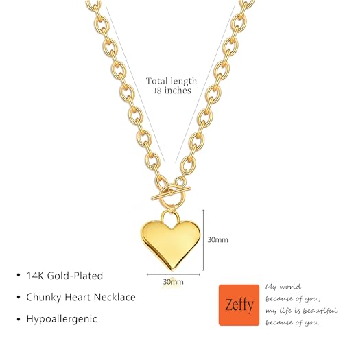 Zeffy Dainty Gold Heart Necklace for Women Trendy 14K Gold/Silver Plate Cute Heart Pendant Choker Necklaces Gold Love Heart Chain Necklace for Women Dainty Gold Jewelry Gifts for Women - style: Gold Big Chunky Heart Necklace