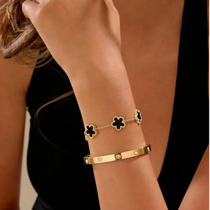 Gold Bracelet Stack,18K Gold Plated Clover Bracelet Love Gold Bangles Tennis Bracelet,3Pcs Gold Bracelets for Women Trendy Non Tarnish Gold jewelry for Women Gift - color: BLACK