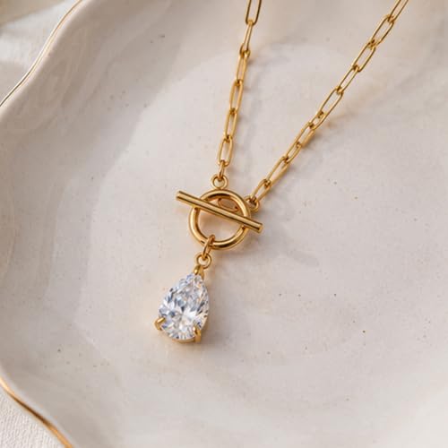 Teardrop CZ Pendant Paperclip Chain Necklace 18K Plated Paperclip Toggle Necklace Jewelry Birthstone Gift for Women - color: CZ-April