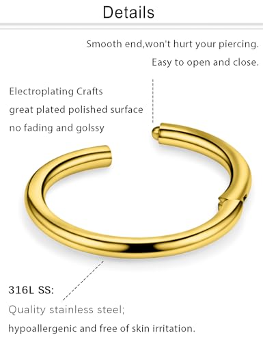 10PCS 16G Surgical Steel Hinged Clicker Segment Septum Lip Nipple Ring Hoop Cartilage Tragus Helix Sleeper Earrings Piercing Jewelry for Women Men 8mm 10mm 12mm 14mm 16mm - color: gold-tone